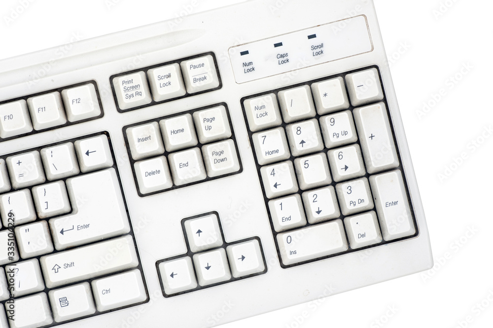 Poster old computer close-up keyboard numbers panel isolated on white background