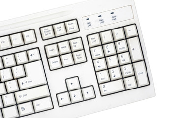 Old computer close-up keyboard numbers panel isolated on white background