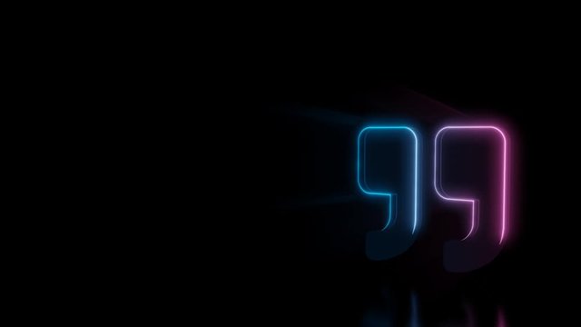 Abstract 3d rendering glowing blue purple neon symbol of quote right mark with glowing outlines with rays on black background with reflection