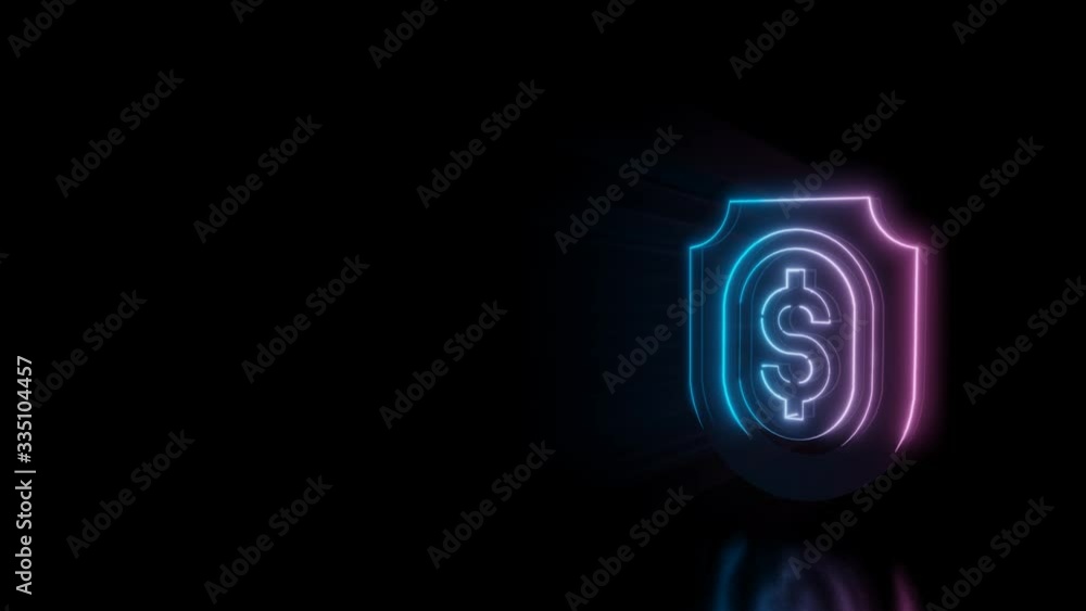 Poster abstract 3d rendering glowing blue purple neon symbol of shield with dollar inside with glowing outl