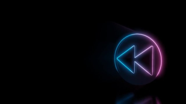 Abstract 3d rendering glowing blue purple neon symbol of rewind sign in circle with glowing outlines with rays on black background with reflection