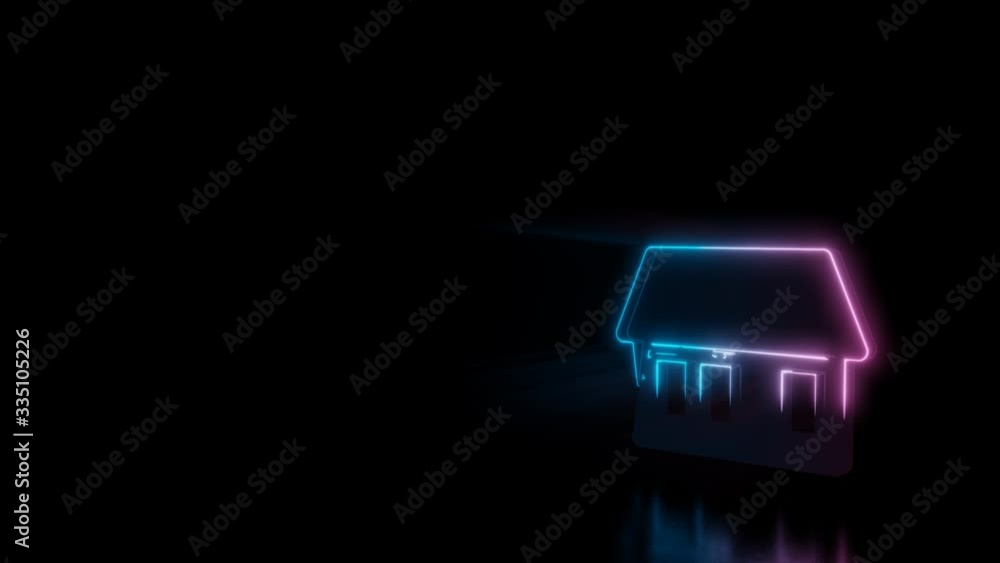 Poster abstract 3d rendering glowing blue purple neon symbol of house with three big windows with glowing o