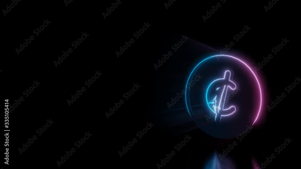 Poster abstract 3d rendering glowing blue purple neon symbol of cent with glowing outlines with rays on bla