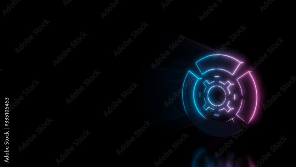 Poster abstract 3d rendering glowing blue purple neon symbol of circular diagram with cogwheel in the middl