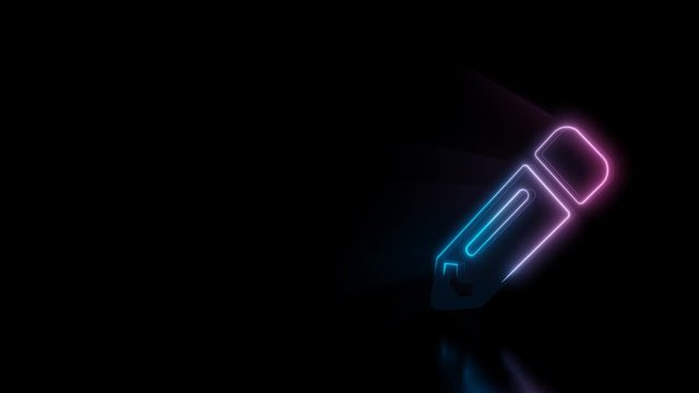 Abstract 3d rendering glowing blue purple neon symbol of pencil  with glowing outlines with rays on black background with reflection