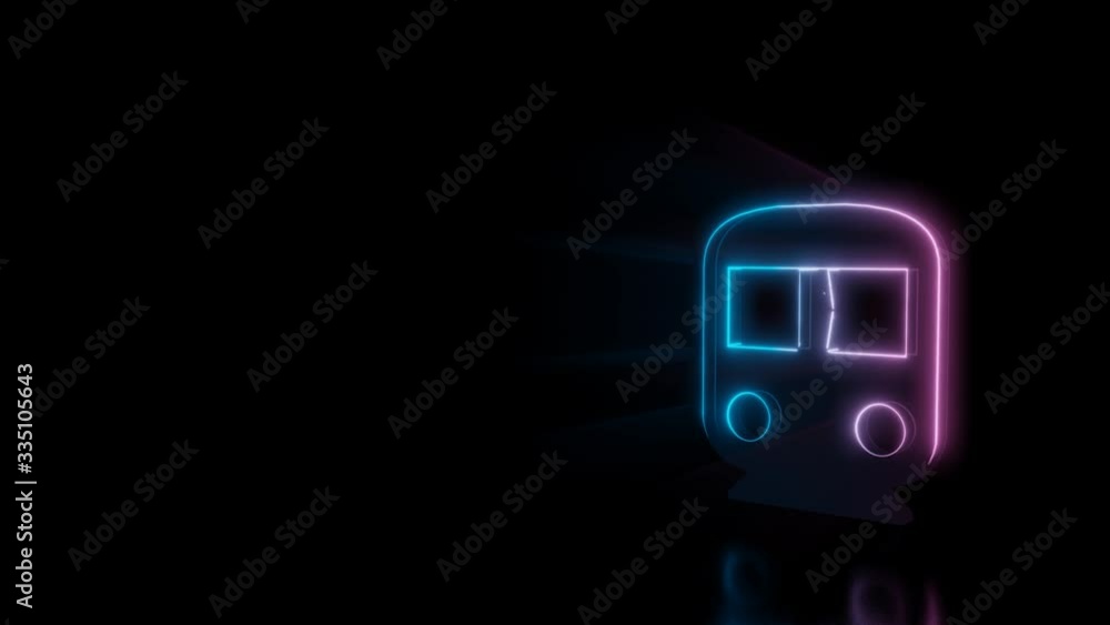 Poster abstract 3d rendering glowing blue purple neon symbol of tram from front view with glowing outlines 