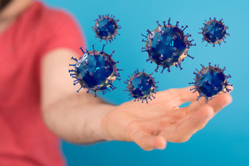 Hologram of coronavirus COVID-2019 on a protection futuristic background. Deadly type of virus...