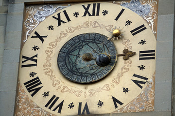 The moon phases are shown in the 1552 astronomical clock of the Palazzo della Fraternita dei Laici in Piazza Grande in Arezzo, Italy.