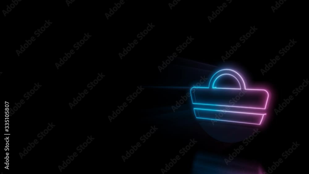 Poster abstract 3d rendering glowing blue purple neon symbol of beach bag with stripes with glowing outline
