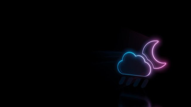 Abstract 3d rendering glowing blue purple neon symbol of rainy cloud with partly covers moon with glowing outlines with rays on black background with reflection