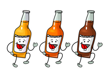 Bottle with different types beer - lager, ale, stout. Vector flat cartoon icon