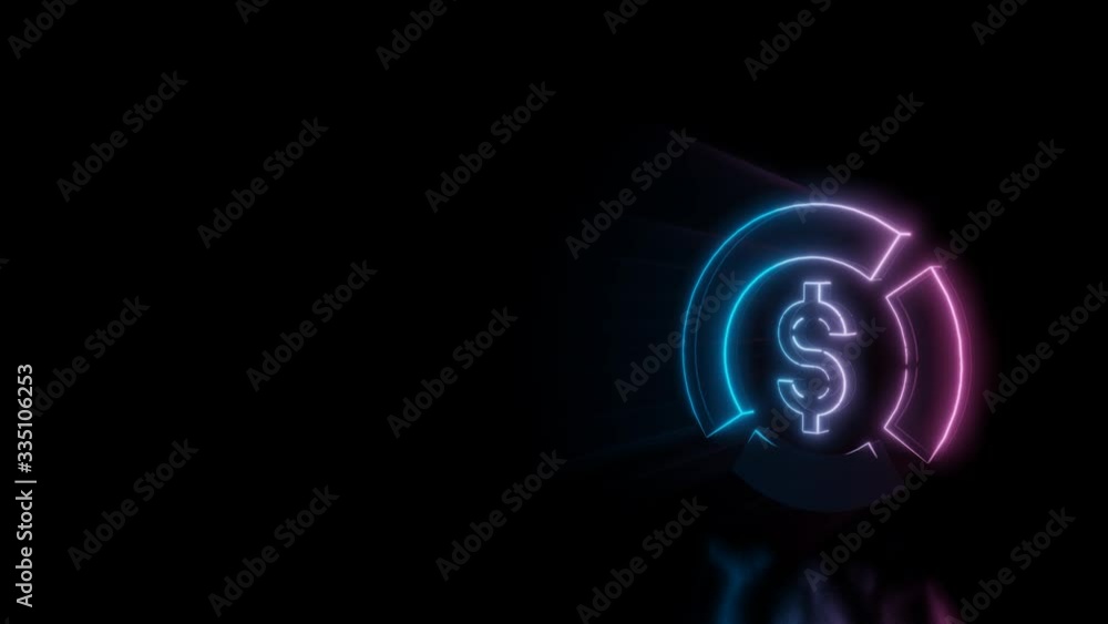 Aufkleber abstract 3d rendering glowing blue purple neon symbol of pie chart with dollar symbol with glowing o