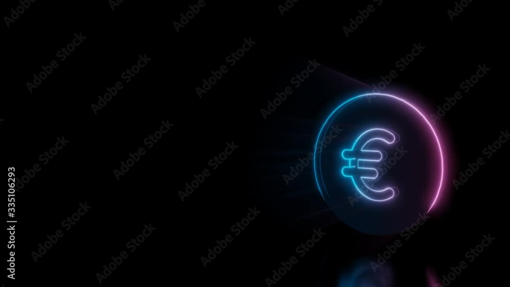 Poster abstract 3d rendering glowing blue purple neon symbol of euro coin with glowing outlines with rays o