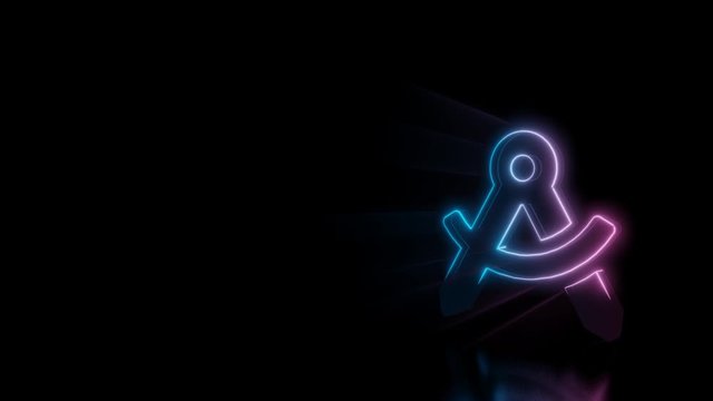Abstract 3d rendering glowing blue purple neon symbol of drafting compass with hole in hinge with glowing outlines with rays on black background with reflection