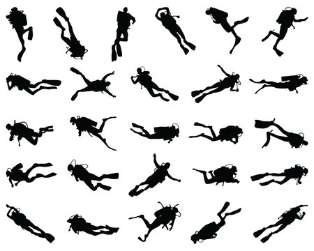 Black  silhouette of scuba diving and free divers on a white background