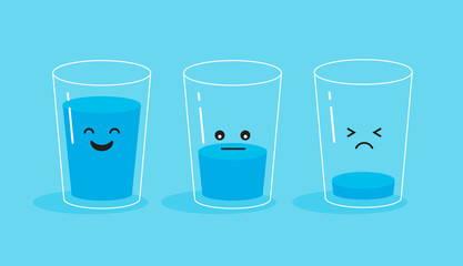 Cartoon funny and sad glass of water.  Full and empty glass. Drink more water concept. Vector illustration isolated on blue background. 