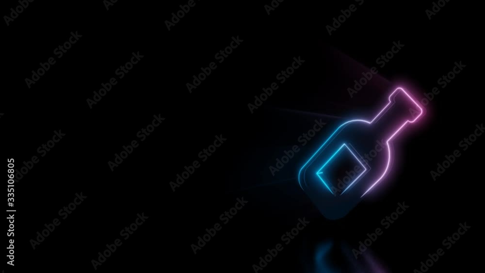 Poster abstract 3d rendering glowing blue purple neon symbol of wine bottle with glowing outlines with rays