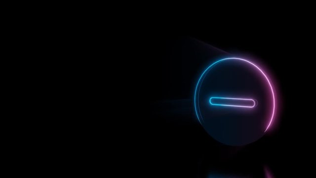 Abstract 3d rendering glowing blue purple neon symbol of minus symbol in circle with glowing outlines with rays on black background with reflection