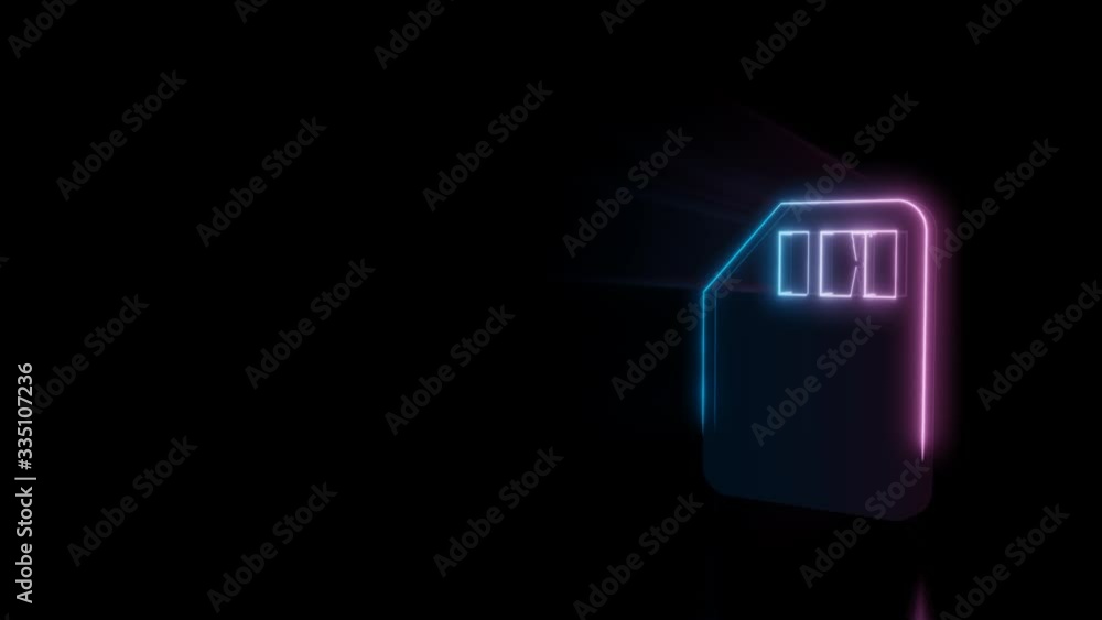 Poster abstract 3d rendering glowing blue purple neon symbol of memory card with glowing outlines with rays