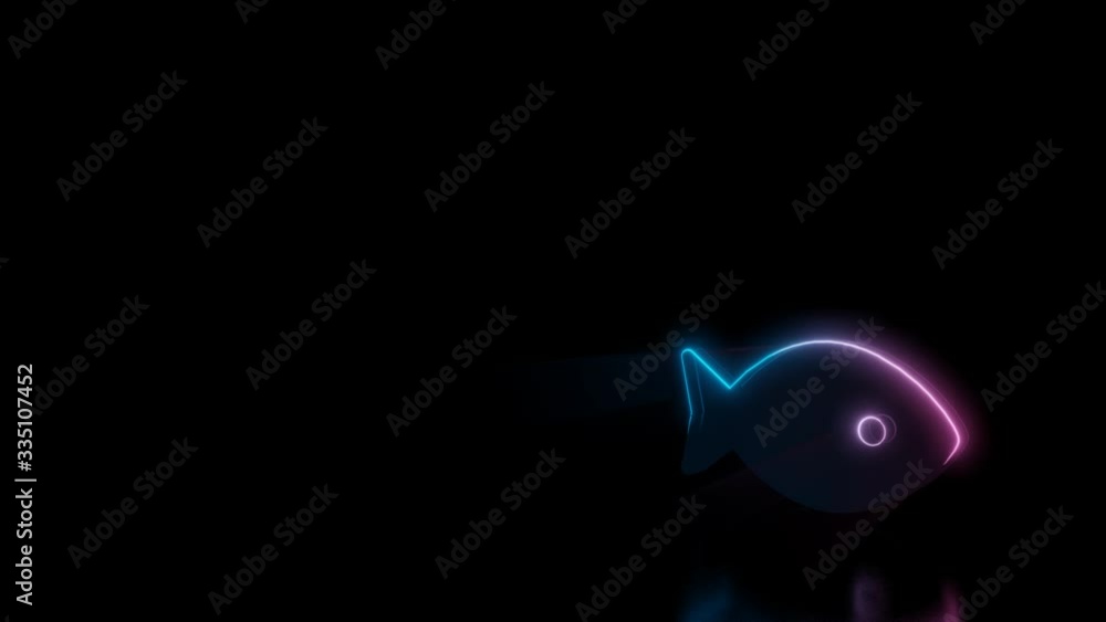 Poster abstract 3d rendering glowing blue purple neon symbol of fish from profile with glowing outlines wit