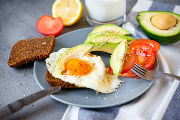 fried egg, avocado slices, grain bread, tomato on a plate close-up, fork