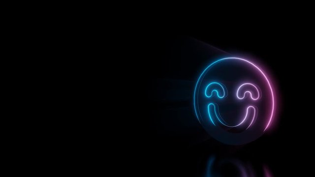 Abstract 3d rendering glowing blue purple neon symbol of happy emoticon  with glowing outlines with rays on black background with reflection