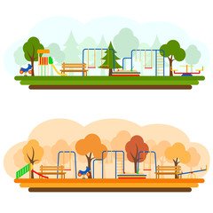 Kids playground with playing equipment in summer and autumn , vector illustration. Flat style