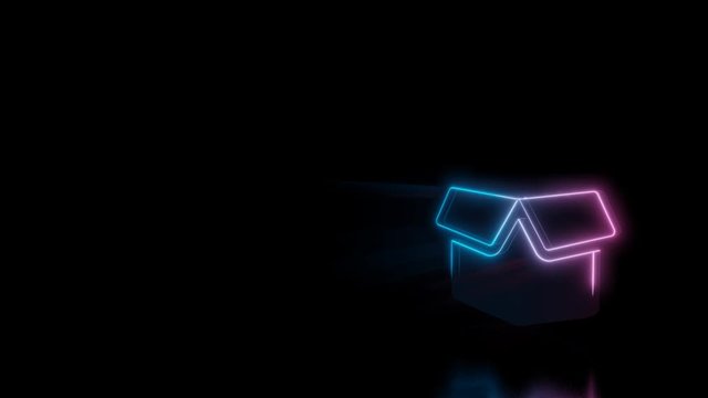 Abstract 3d rendering glowing blue purple neon symbol of box open with flaps with glowing outlines with rays on black background with reflection