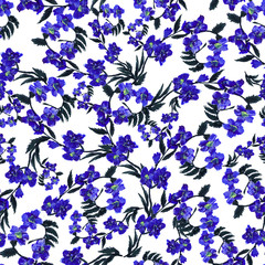 Seamless pattern wild purple flower and leaves on white, background. Watercolor floral illustration. Botanical decorative element. Flower concept. Botanica concept