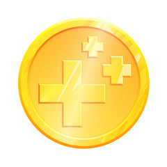 Gold coin health regeneration symbol crosses on white background. Three Geometric metal shape. Healing sign flat icon for games and apps. Plusses vector element isolated logo. Life renews pictogram