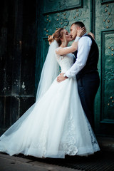 The bride and groom walk together in the park. Charming bride in a white dress, the groom is dressed in a dark elegant suit.