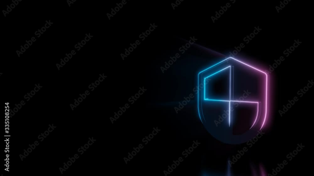 Poster abstract 3d rendering glowing blue purple neon symbol of four squared shield with glowing outlines w