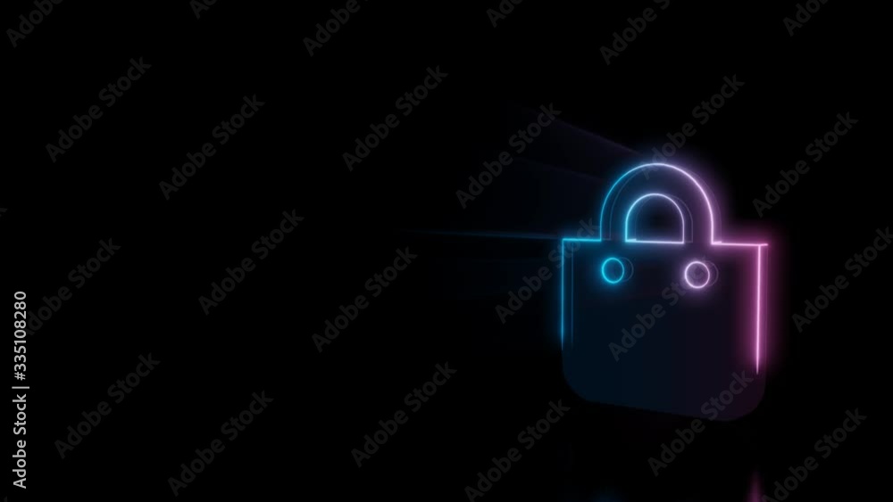 Poster abstract 3d rendering glowing blue purple neon symbol of shopping bag with glowing outlines with ray