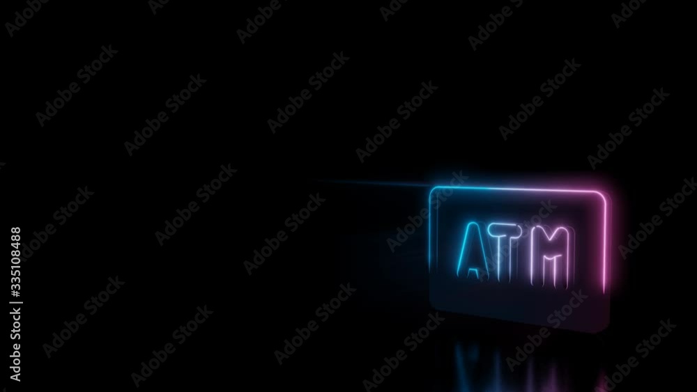 Poster abstract 3d rendering glowing blue purple neon symbol of atm sign with glowing outlines with rays on
