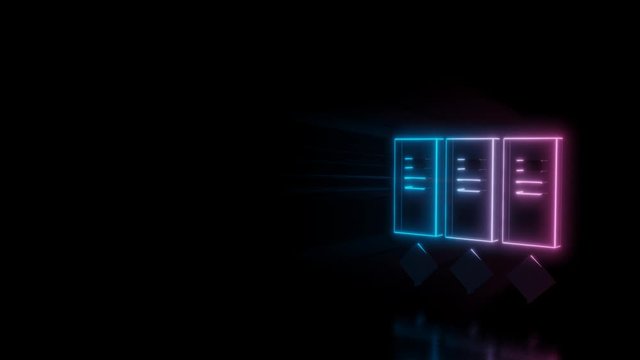 Abstract 3d rendering glowing blue purple neon symbol of archive with three file with glowing outlines with rays on black background with reflection