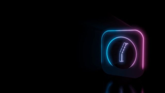 Abstract 3d rendering glowing blue purple neon symbol of rectangle alarm clock with glowing outlines with rays on black background with reflection