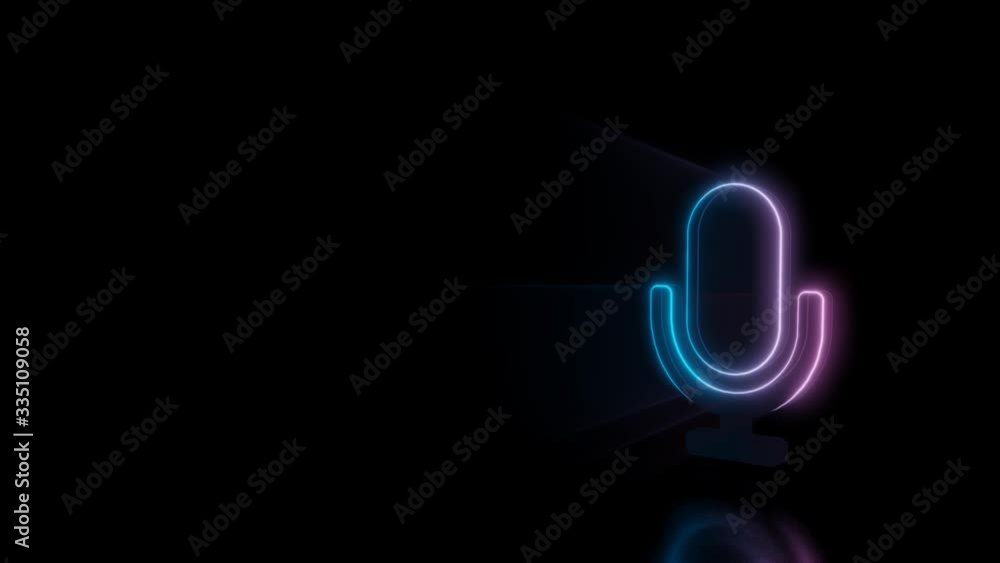 Poster abstract 3d rendering glowing blue purple neon symbol of microphone with glowing outlines with rays 