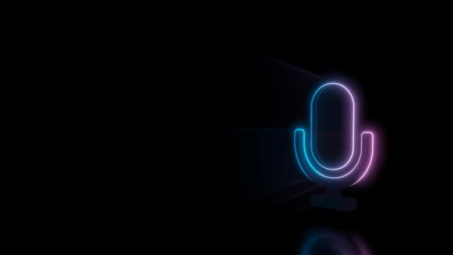 Abstract 3d rendering glowing blue purple neon symbol of microphone with glowing outlines with rays on black background with reflection