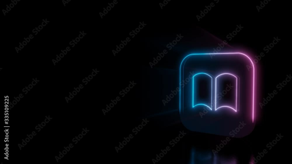 Poster abstract 3d rendering glowing blue purple neon symbol of book in rounded square with glowing outline