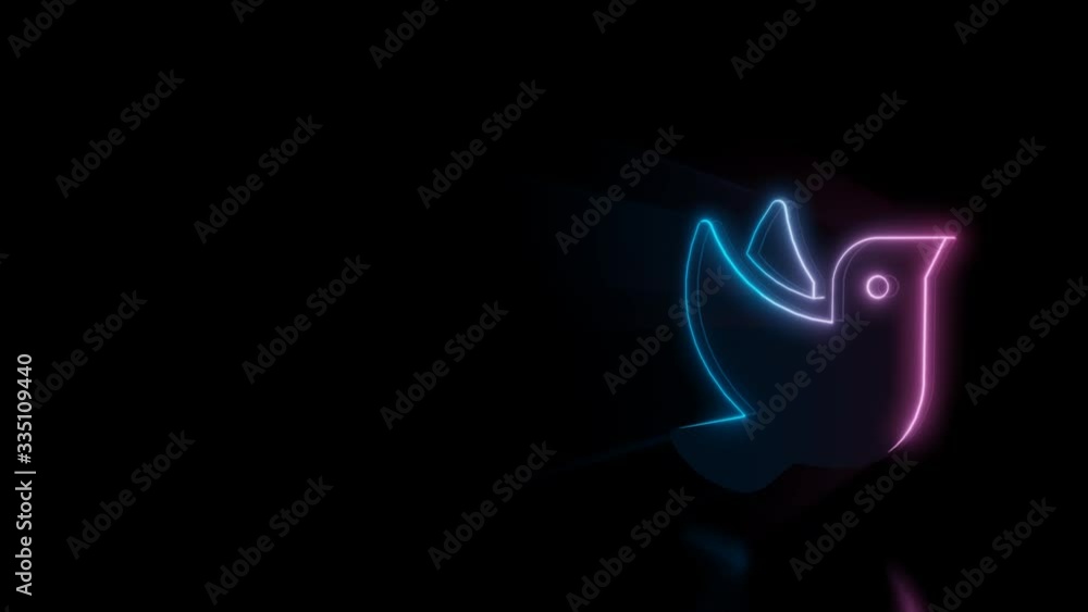 Poster Abstract 3d rendering glowing blue purple neon symbol of bird from profile with glowing outlines with rays on black background with reflection