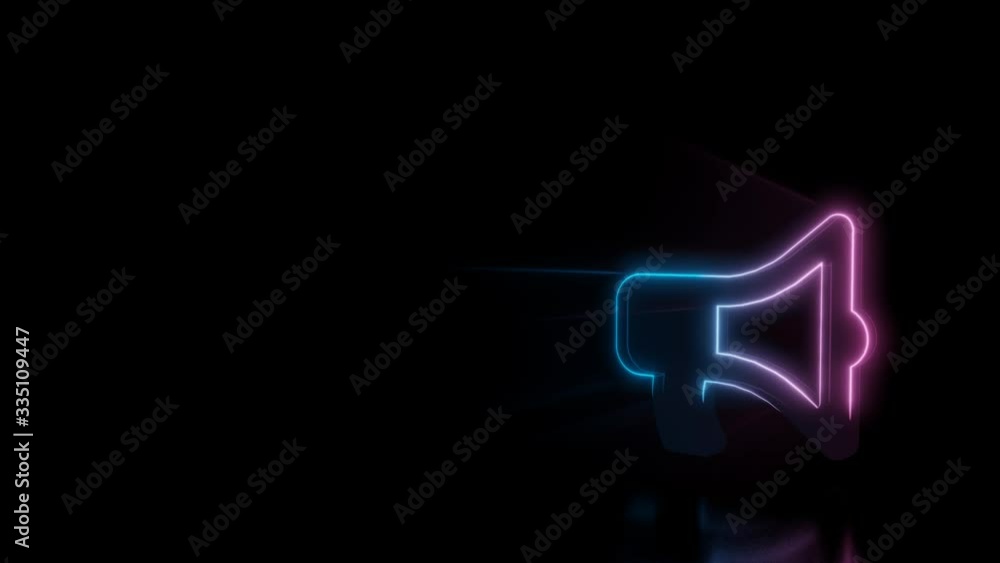 Poster abstract 3d rendering glowing blue purple neon symbol of bullhorn with glowing outlines with rays on