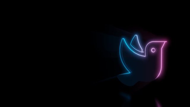 Abstract 3d rendering glowing blue purple neon symbol of bird from profile with glowing outlines with rays on black background with reflection