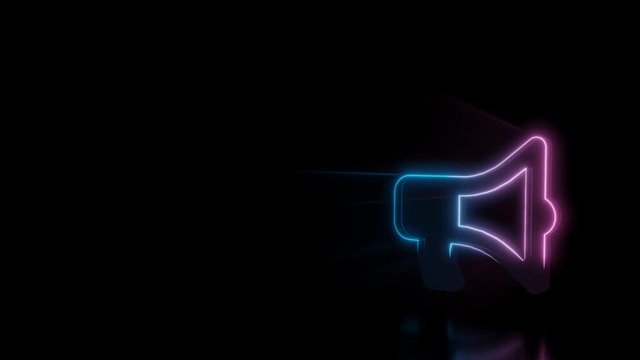 Abstract 3d rendering glowing blue purple neon symbol of bullhorn with glowing outlines with rays on black background with reflection