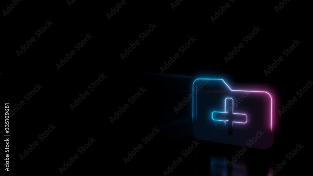 Poster abstract 3d rendering glowing blue purple neon symbol of office folder with plus symbol with glowing