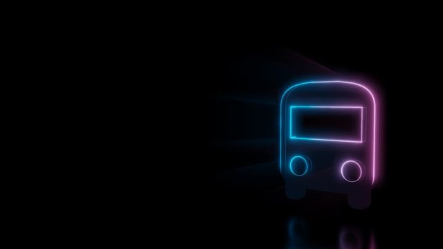 Abstract 3d rendering glowing blue purple neon symbol of front view of a bus with glowing outlines with rays on black background with reflection