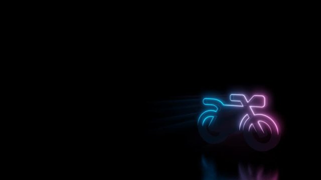 Abstract 3d rendering glowing blue purple neon symbol of motorcycle with glowing outlines with rays on black background with reflection