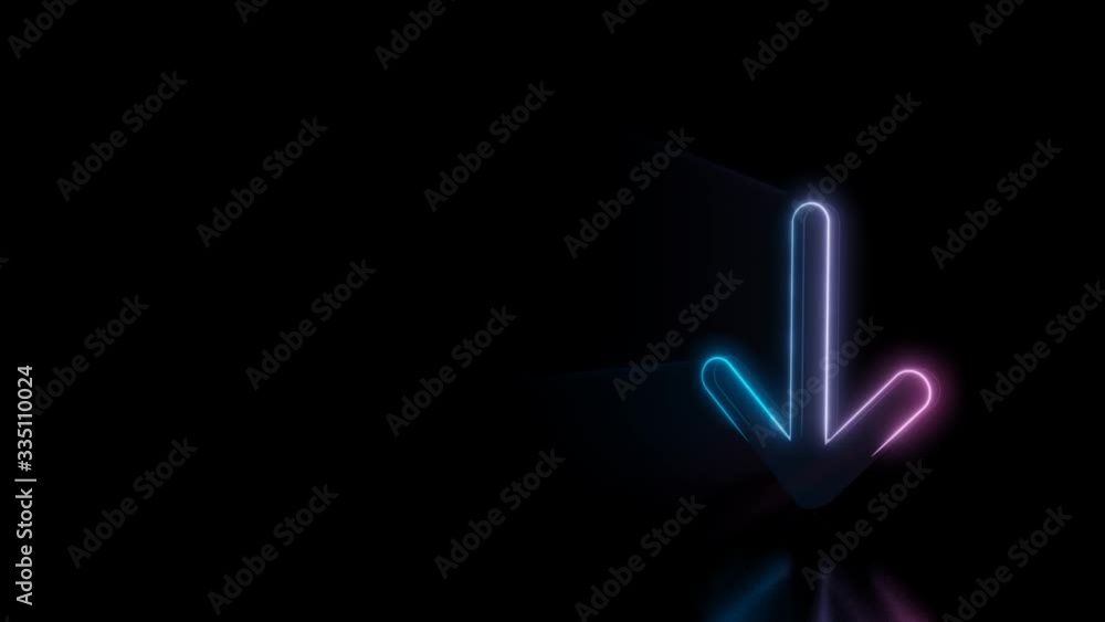 Poster abstract 3d rendering glowing blue purple neon symbol of down arrow with glowing outlines with rays 