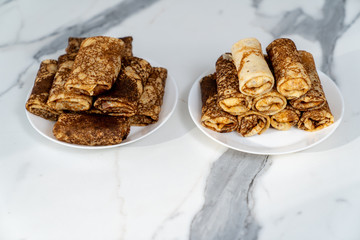 cooking delicious pancakes with meat filling