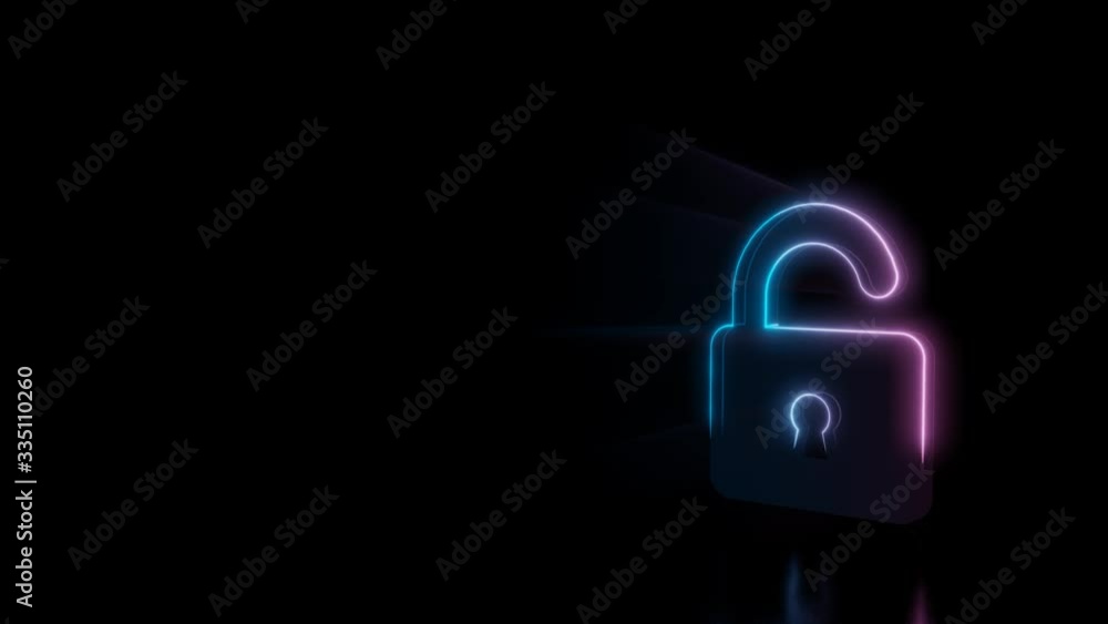 Poster abstract 3d rendering glowing blue purple neon symbol of open padlock with glowing outlines with ray