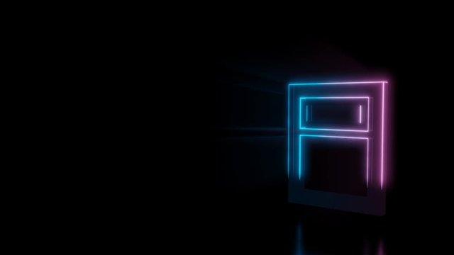 Abstract 3d rendering glowing blue purple neon symbol of calculator with square  buttons with glowing outlines with rays on black background with reflection